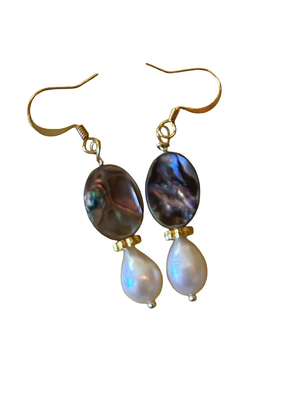 Artisan 14k Gold Iridescent Abalone Baroque Freshwater Pearl Earrings